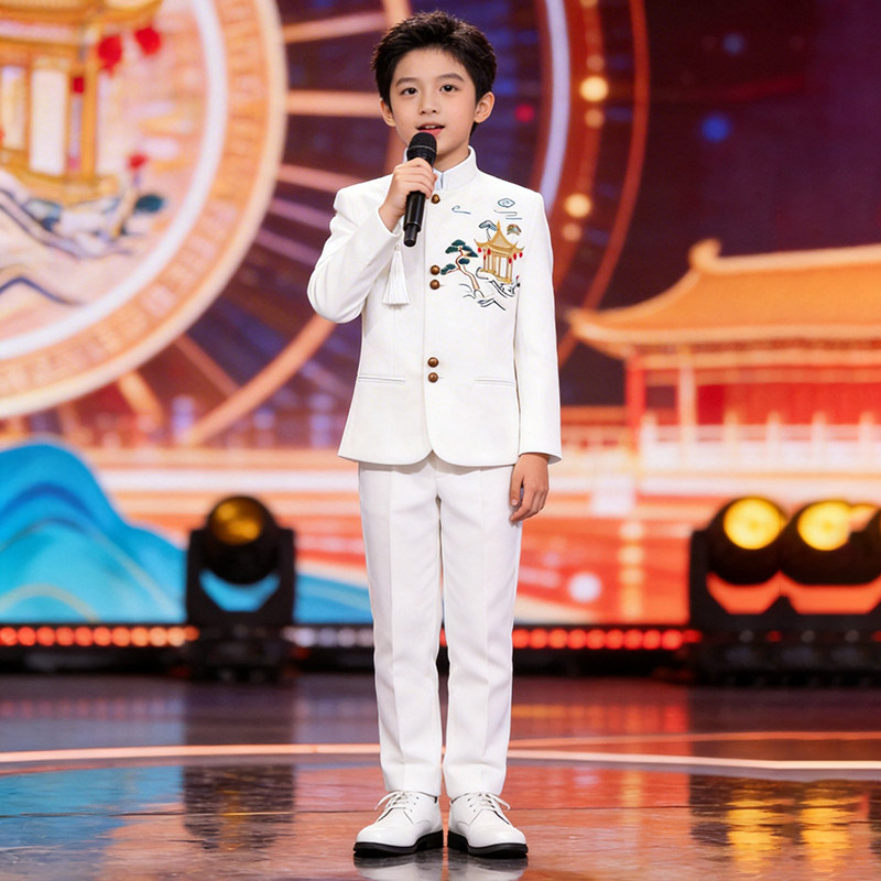 男童中山装长袖儿童西装套装主持人演出服新中式国风舞台演出国潮