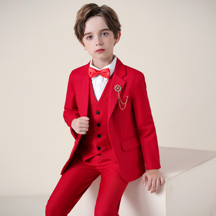 红色儿童西装套装男童礼服小主持人三件套帅气西服外套钢琴演出服