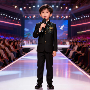 男童中式西装儿童主持人礼服黑色国风中山装国潮舞台走秀演出服装