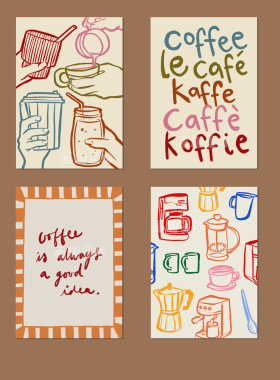 coffee装饰画手绘风咖啡海报餐边柜艺术挂画芯咖啡馆背景墙贴1