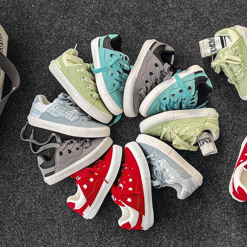 面包鞋子男湖水蓝复古帆布鞋男女百搭情侣运动休闲翻毛皮滑板鞋潮