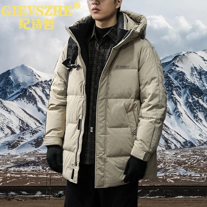 纪诗哲冬季防寒保暖加绒鹅绒羽绒服男宽松中长款连帽面包服外套男