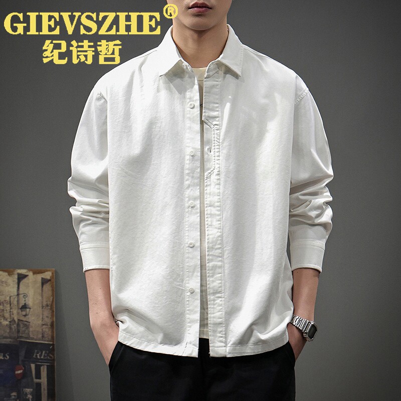 纪诗哲2026春季新款长袖衬衫男高级感纯色内搭上衣美式翻领外套