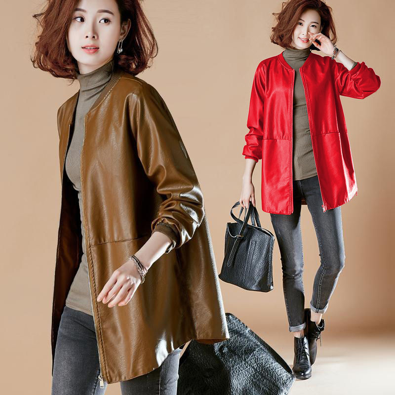 2025新款皮夹克风衣皮外套显瘦大码棒球服中长款皮衣女