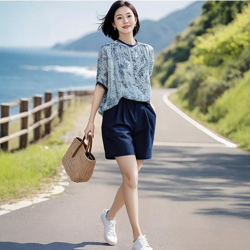 素雅订制女装原创品牌2025夏新款时尚印花衬衫松紧腰阔腿短裤套装