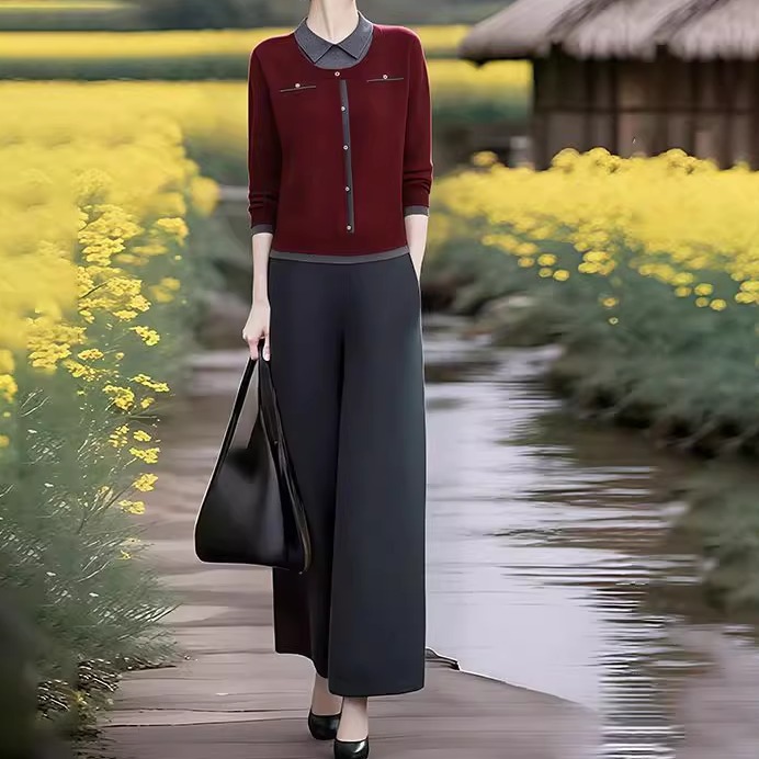 素雅订制女装原创品牌2025秋冬新款假两件针织衫休闲裤减龄两件套