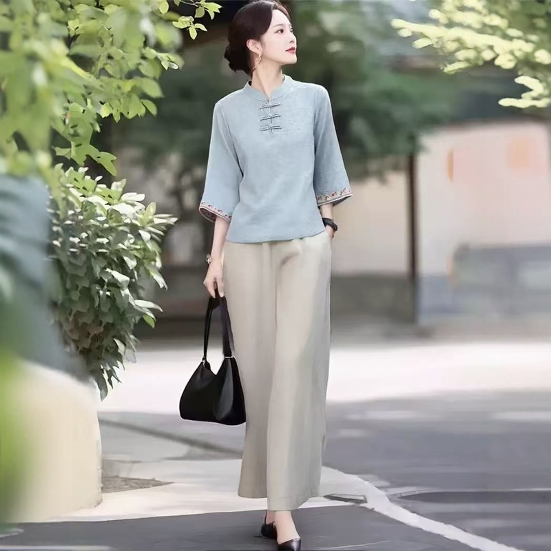 素雅订制国风女装原创品牌2025新款立领盘扣刺绣上衣阔腿裤两件套