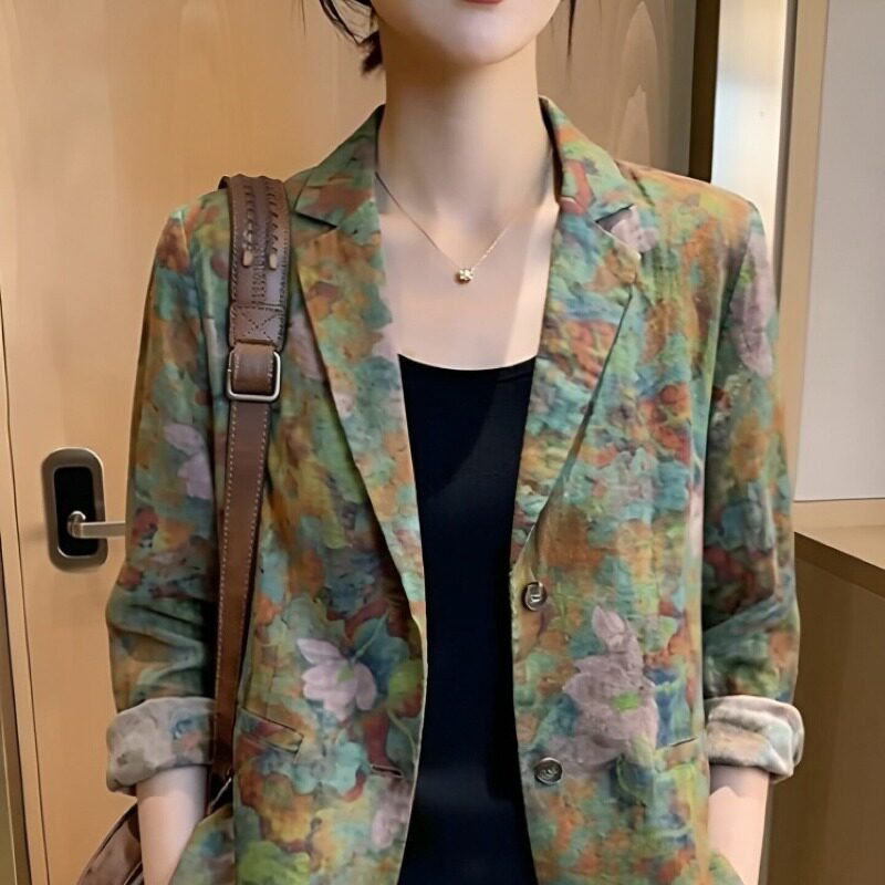 素雅订制女装原创品牌店早秋新款个性洋气优雅印花翻领薄款外套女