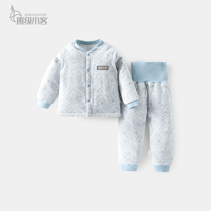 婴儿保暖内衣套装秋冬夹棉男女宝宝高腰护肚150克夹棉家居服套装