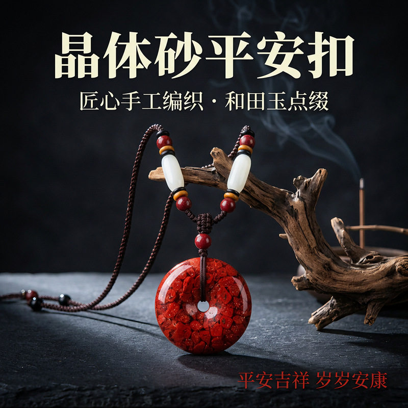 高含量朱砂和田玉平安扣吊坠