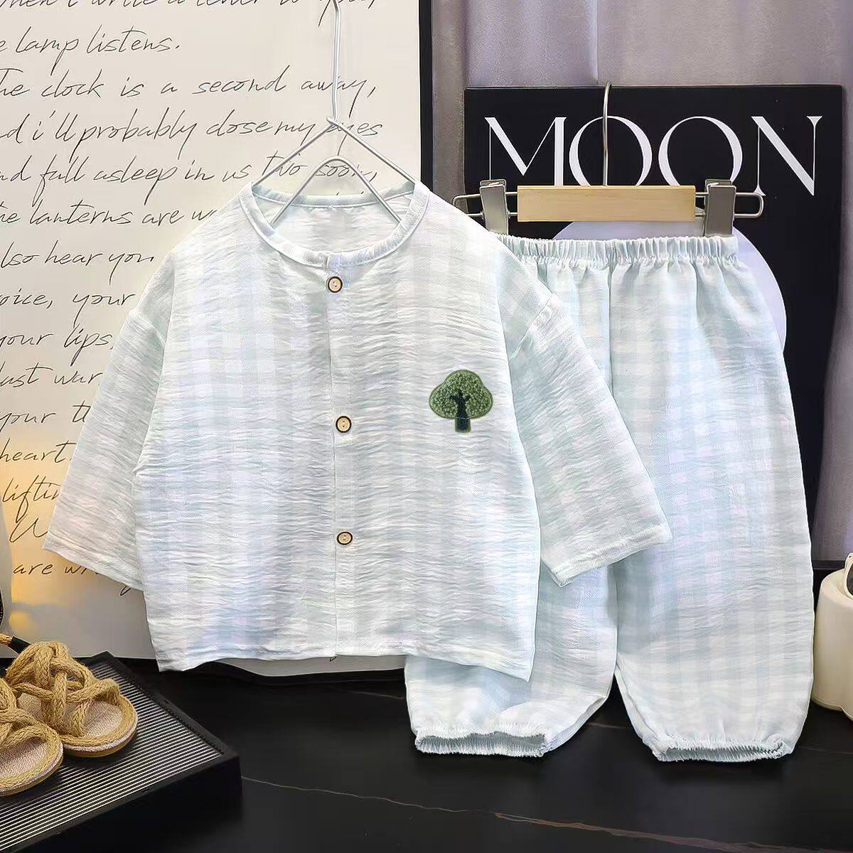 儿童家居服套装两件套睡衣夏季开衫卡通上衣裤子春秋男女童云朵棉