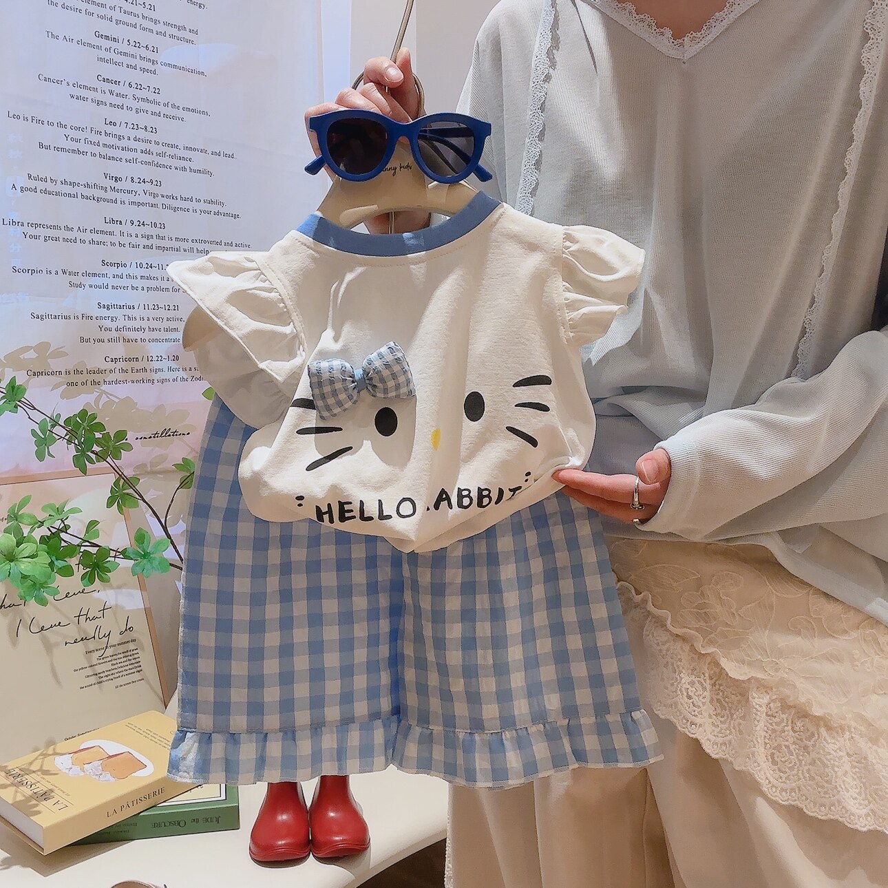 女童套装二件套夏季短袖短裤套装儿童飞袖蝴蝶结夏季卡通休闲格子