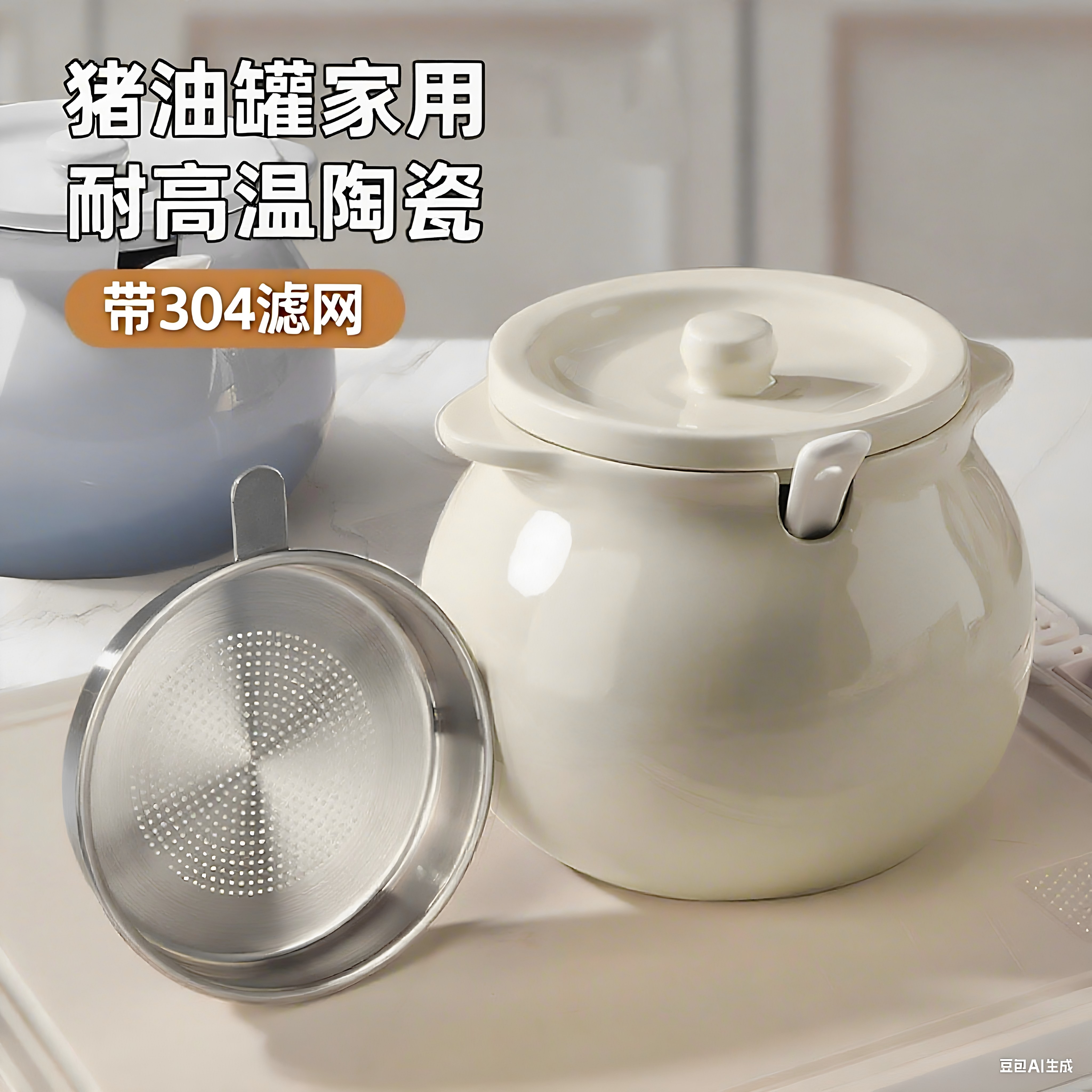 家用陶瓷猪油罐厨房大容量带滤网调料罐调味罐专用辣椒油容器油盆