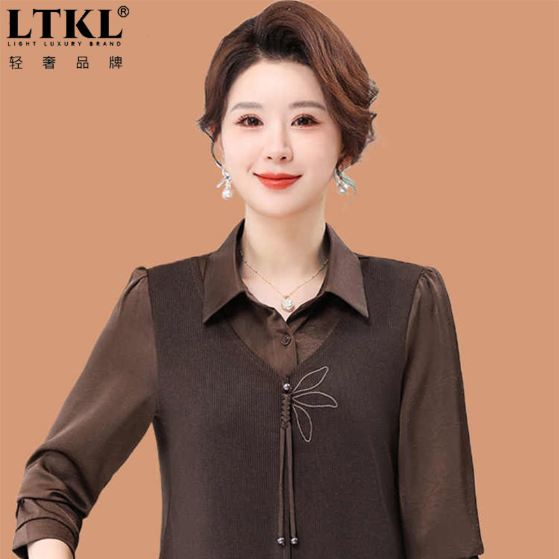 春秋妈妈薄款气质假两件翻领衬衫