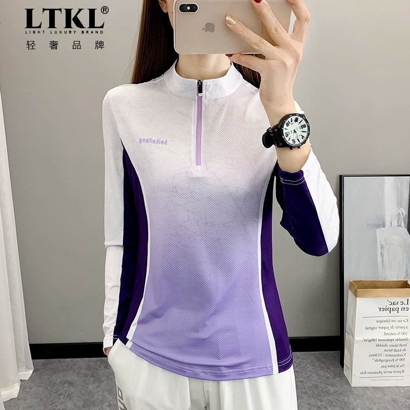 新款户外速干衣女长袖t恤立领薄款运动防晒弹力吸汗透气登山上衣