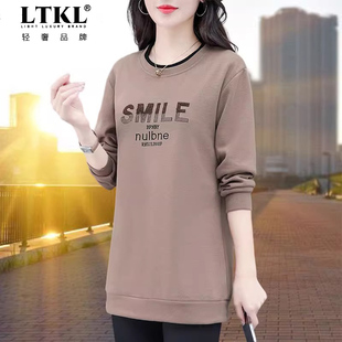 春秋季 中长款 2024新款 薄款 中年妈妈加绒女士宽松上衣 圆领卫衣女装