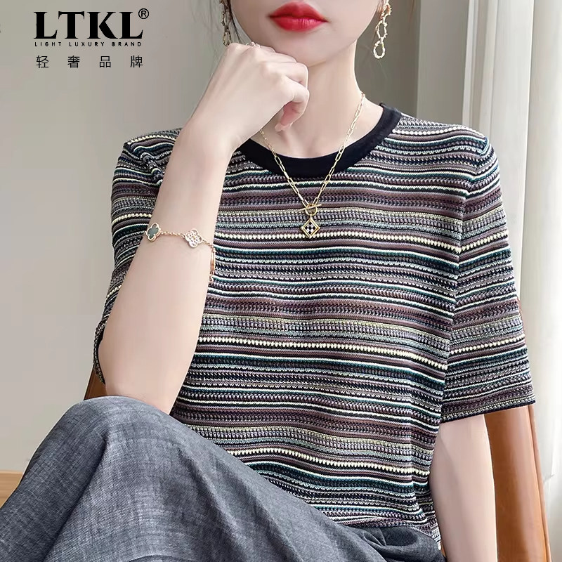 冰丝针织短袖t恤女2026新款爆款时尚洋气彩条加大码女装夏季上衣