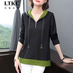 宽松中长款 t恤女大码 洋气妈妈连帽卫衣女士春秋上衣 长袖 2025新款
