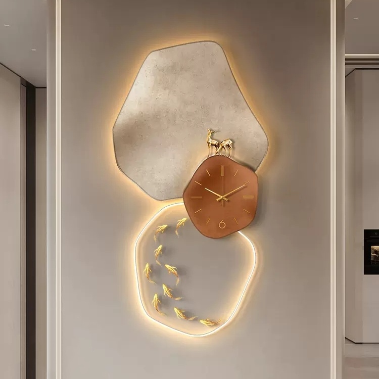 石来运转玄关装饰画带灯钟表现代简约寓意好走廊挂画九鱼立体壁饰图片