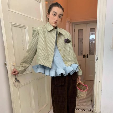Spoii 绿格纹宽肩翻领箱形复古手工胸针英伦夹棉短外套