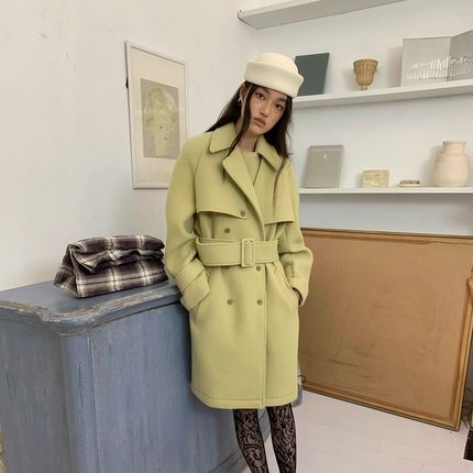 Spoii 姜黄色风衣版羊毛混纺圆肩系腰枪驳领中长款宽松大衣