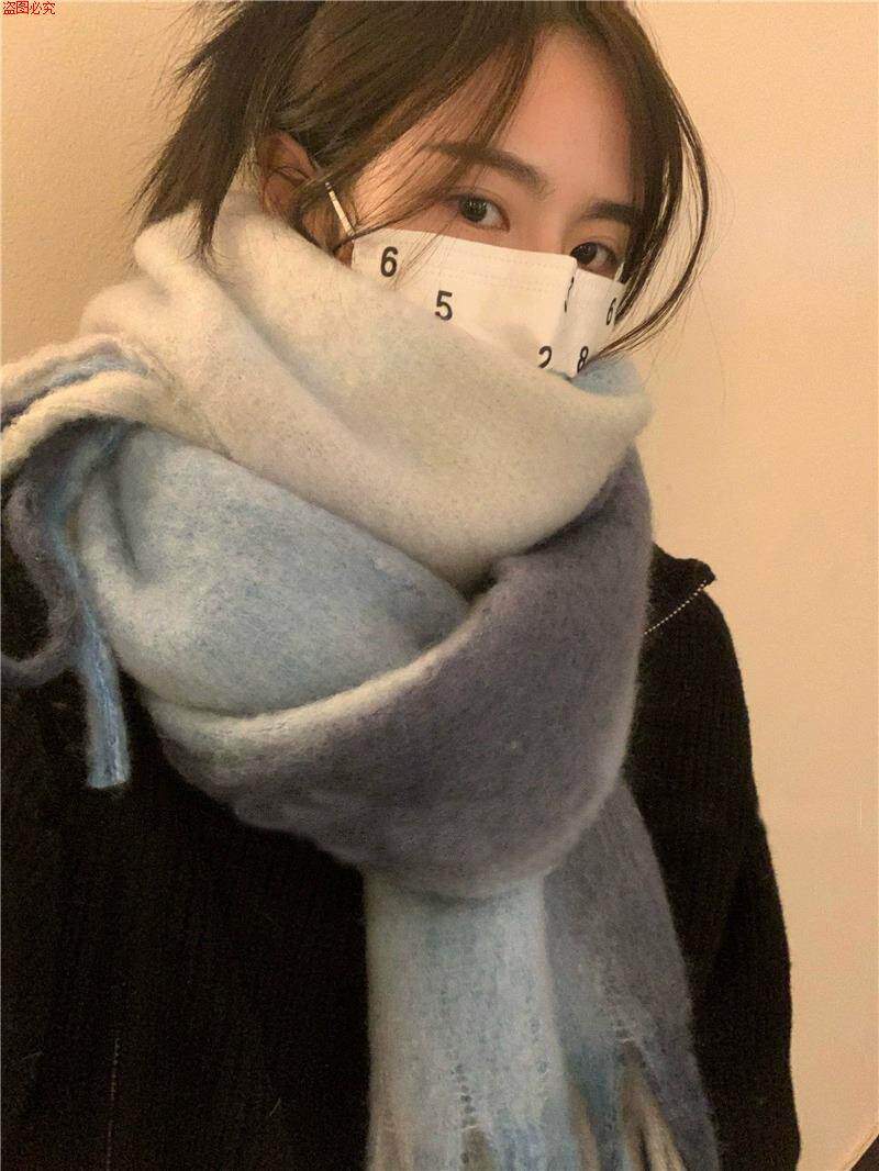 保暖防寒情侣羊绒披肩围脖韩版秋冬新款渐变色高级马海毛围巾女