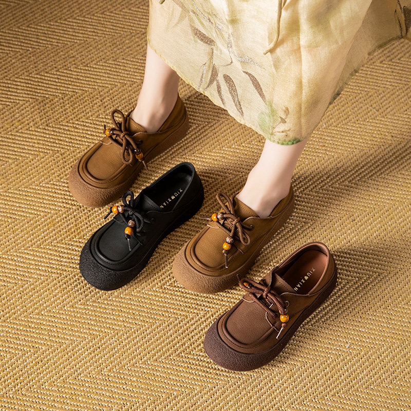 牛皮复古软底黑色乐福鞋女真皮女士单鞋舒适平底鞋秋季厚底小皮鞋,女鞋,乐福鞋（豆豆鞋）,淘宝优惠券,粉丝福利购,淘宝优惠卷