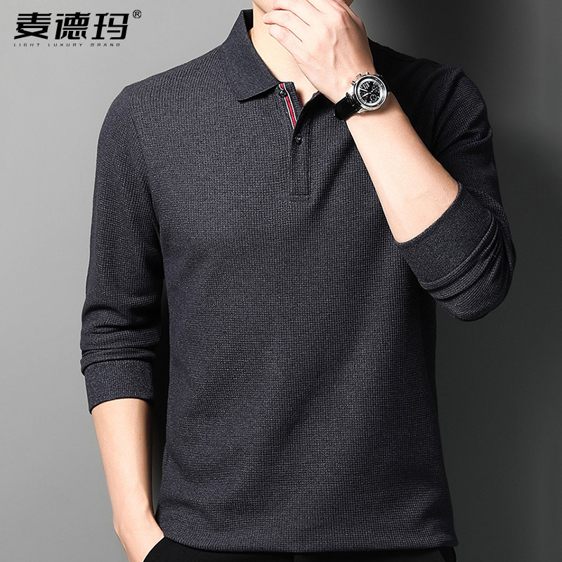 百搭简约男士长袖t恤2025春秋季新款中年翻领上衣休闲打底Polo衫