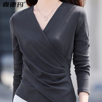 交叉抽褶显瘦百搭灰色上衣打底衫