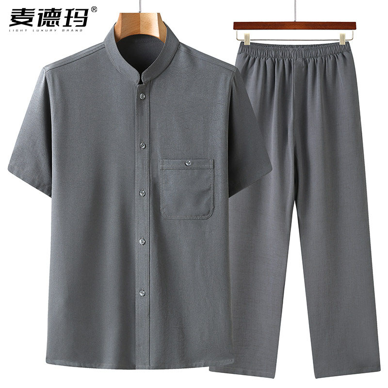 夏季冰丝唐装爸爸装短袖套装
