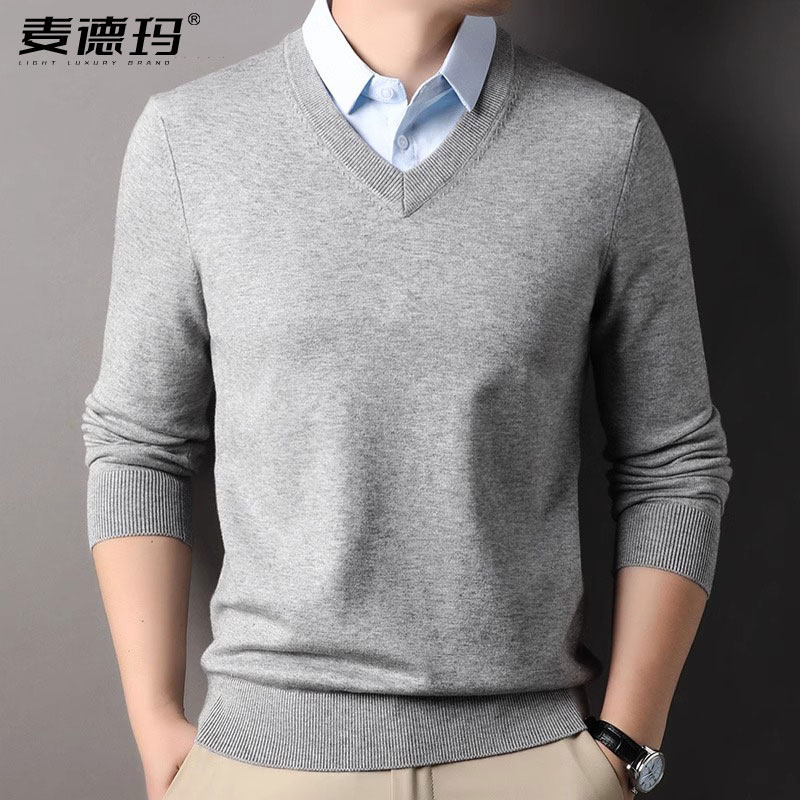 男士假两件针织衫春秋季鸡心V领毛衣一体式拼接带衬衫领打底上衣