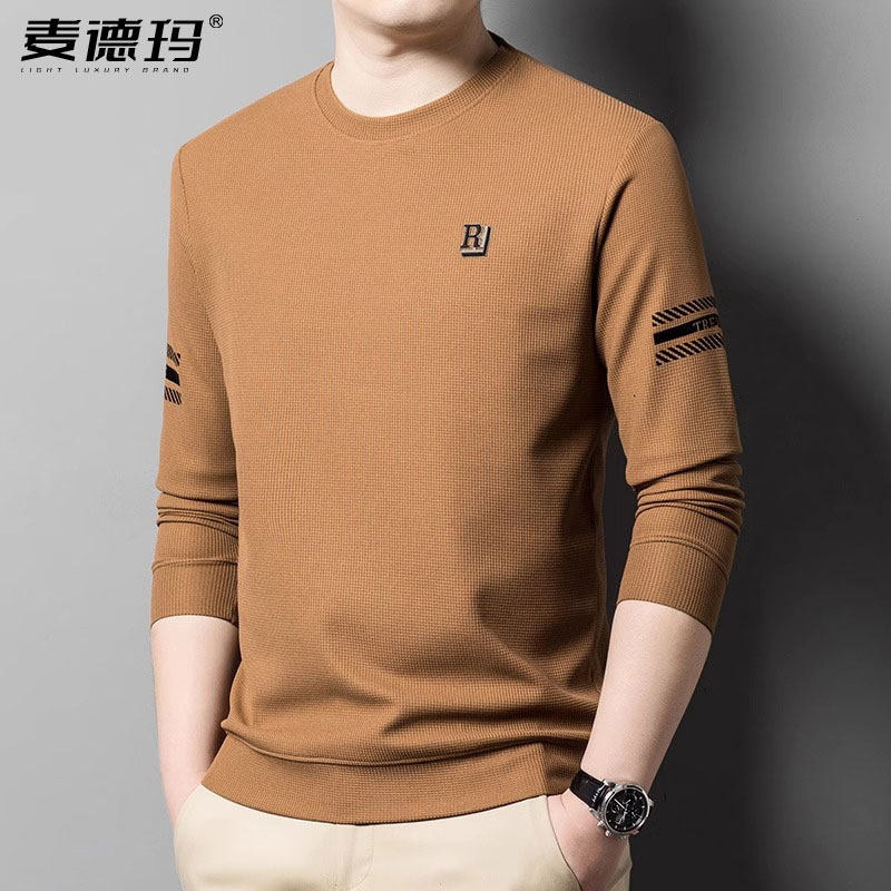 高档男士长袖t恤2025年春季新款华夫格打底上衣加绒圆领卫衣男