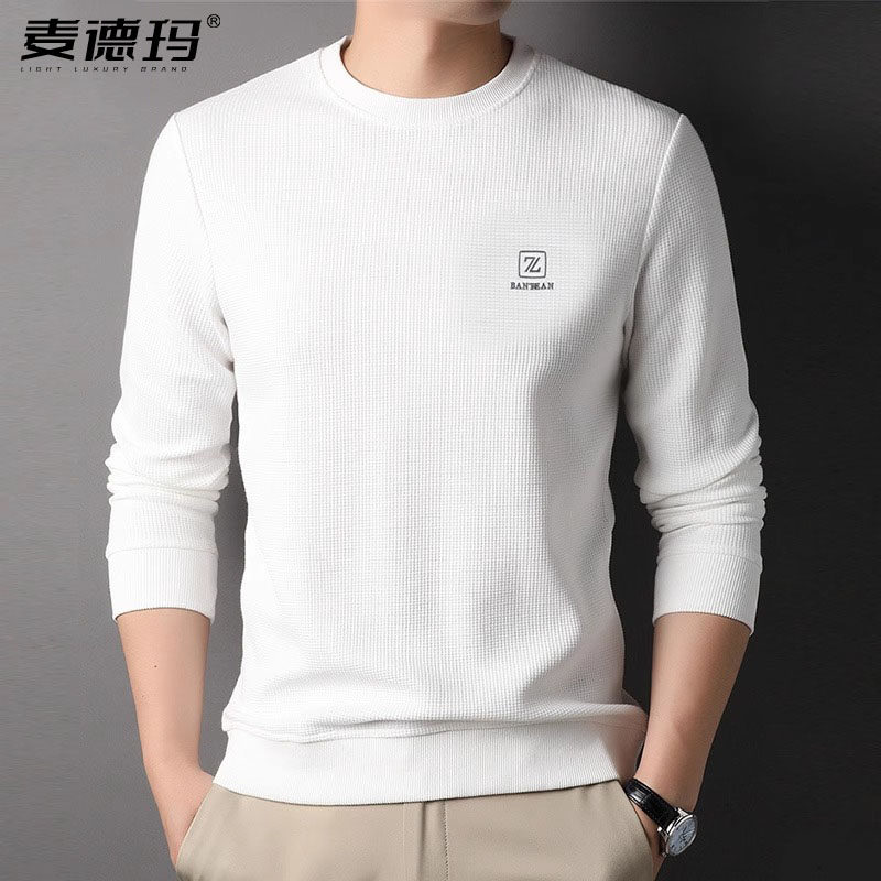 2025长袖T恤男士商务休闲圆领华夫格抗皱日常弹力纯色打底衫上衣