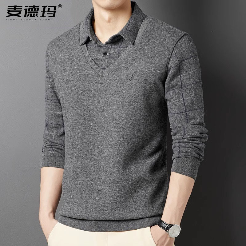 2024男士假两件衬衫领中年爸爸打底衫春秋薄款宽松毛衣男针织衫