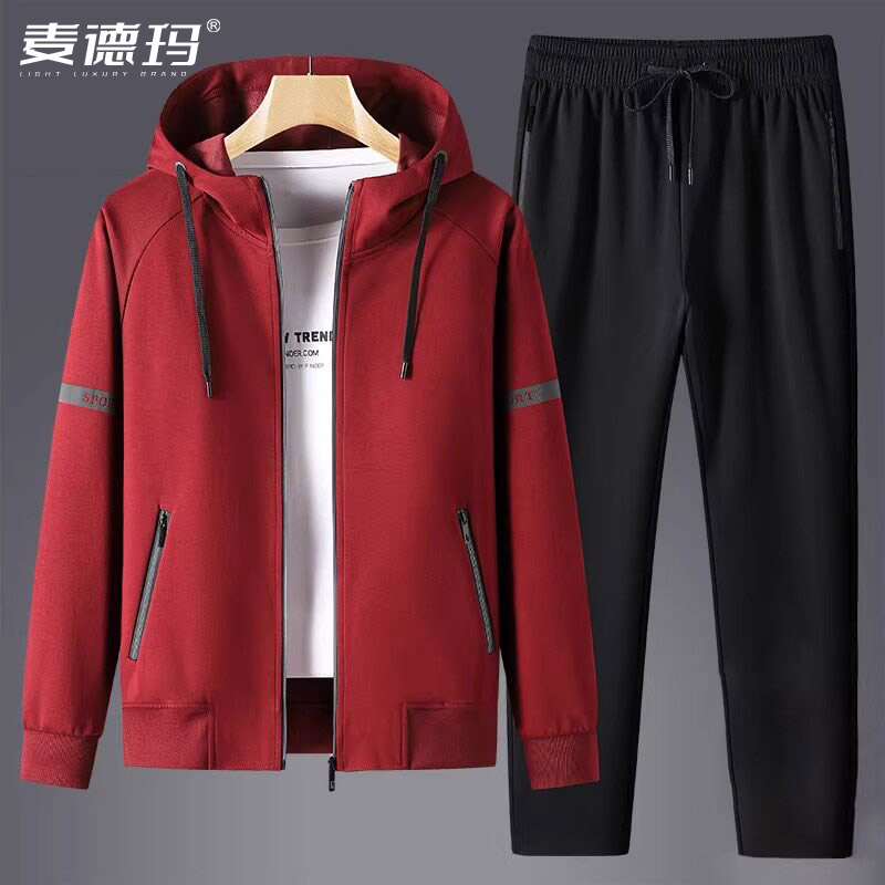 春秋红色纯棉连帽男士运动套装