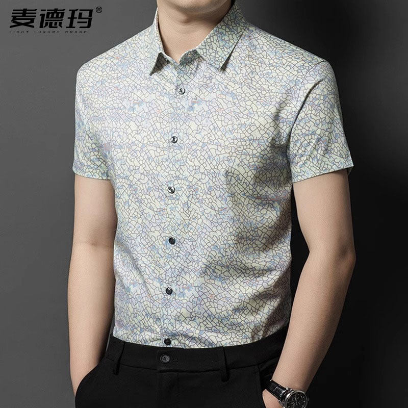 男士短袖衬衫2025夏季新款休闲时尚高端冰丝透气半袖花衬衣薄款男