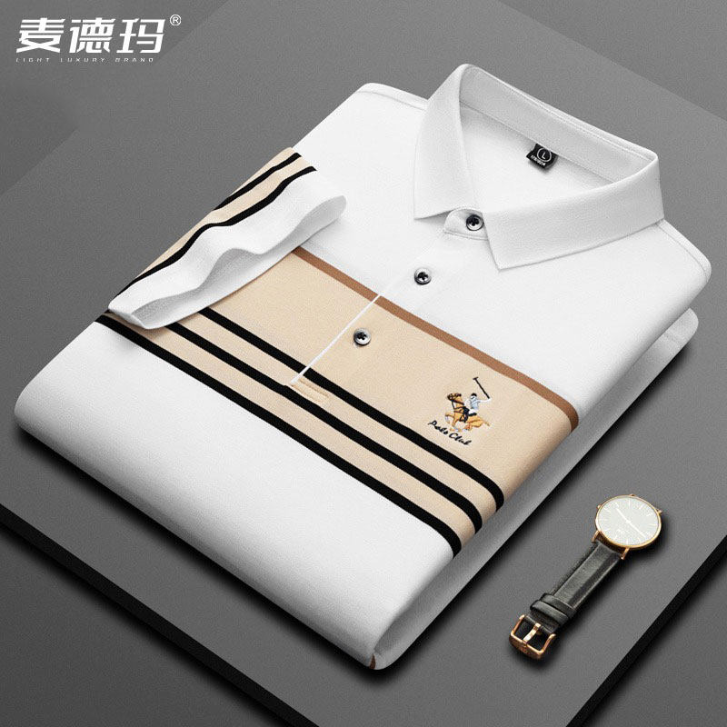 保罗贝拉德短袖polo衫男纯棉带领彩条纹t恤商务高档中年爸爸夏装