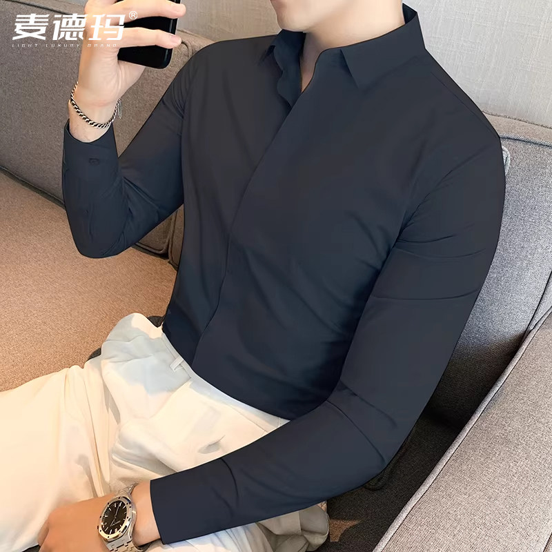 男士黑色免烫抗皱无痕长袖衬衫