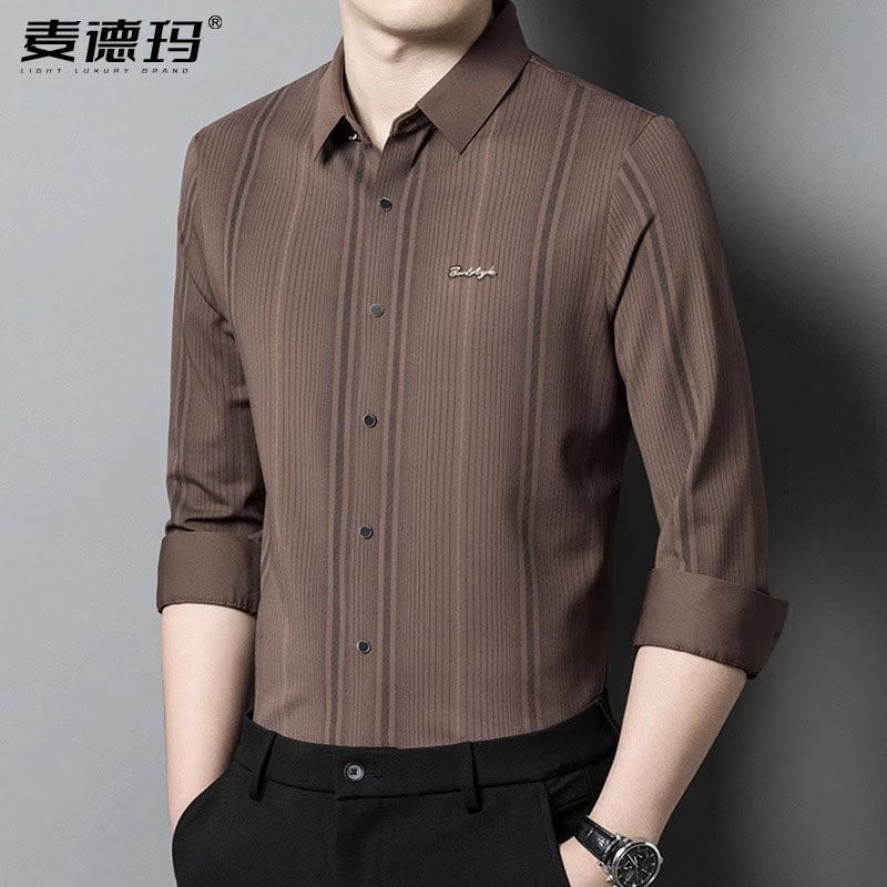 2024春秋季长袖衬衫男士爸爸装上衣中年男装薄款红色休闲无痕衬衣