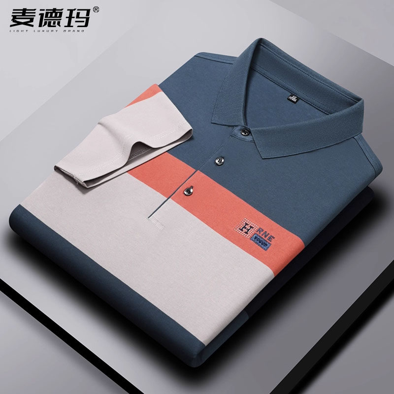 衬衣领条纹撞色polo衫男拼色短袖