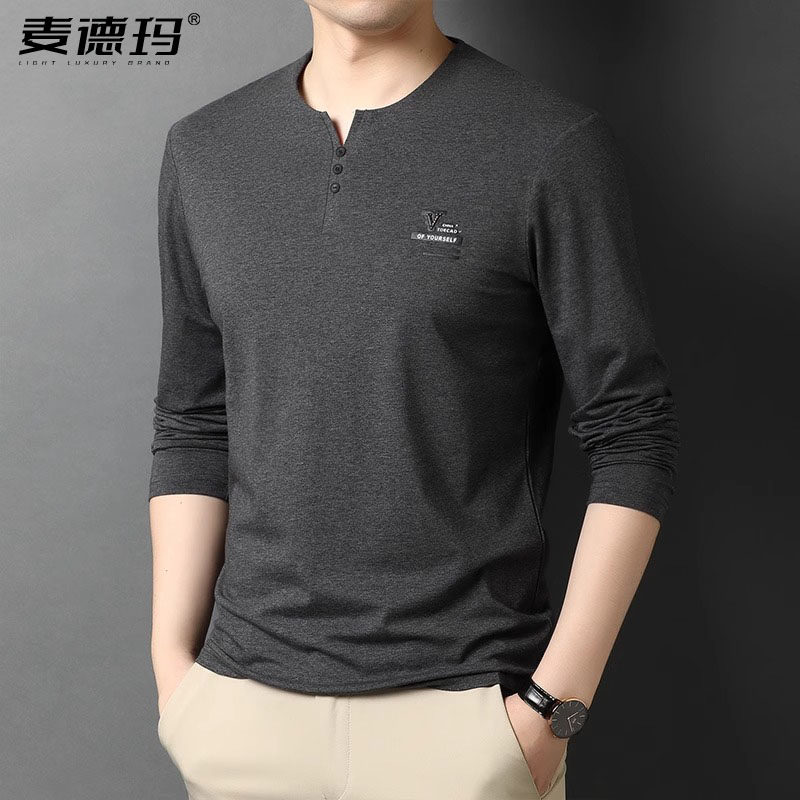 2024高端长袖t恤中年男士春秋薄款宽松无领潮流休闲圆领棉打底衫