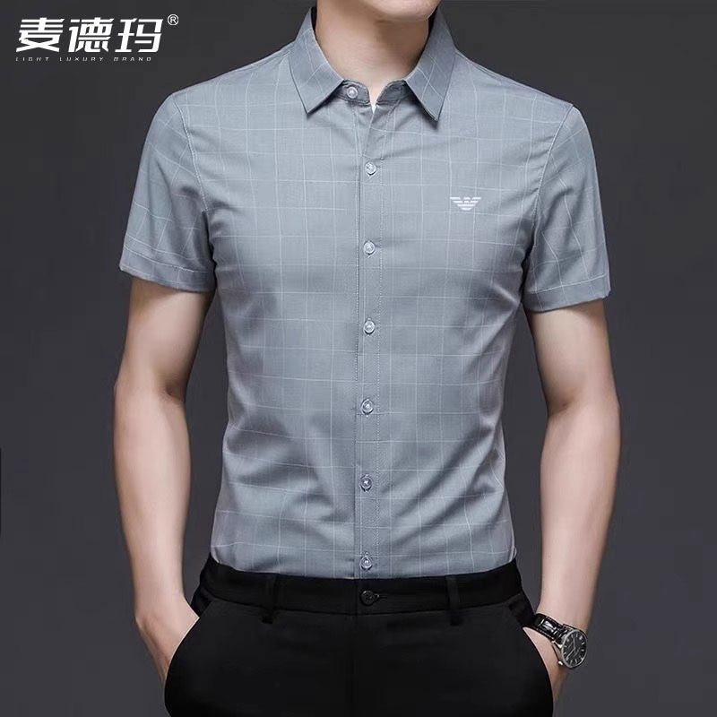 高端2026夏季薄款短袖衬衫男士格子透气凉感休闲时尚免烫衬衣