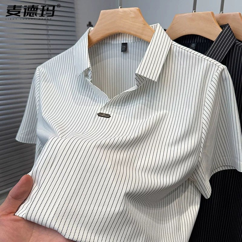 冰丝竖条纹短袖POLO衫男新款