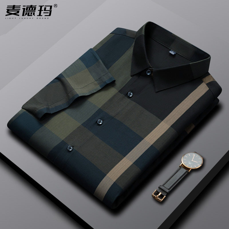高端短袖衬衫男品牌高端格子衬衣大牌条纹休闲夏季中年上衣潮