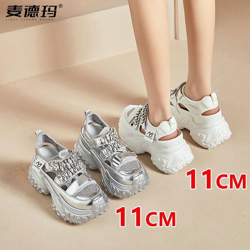 镂空洞洞鞋女外穿2025夏季新款透气老爹鞋厚底11公分内增高女凉鞋