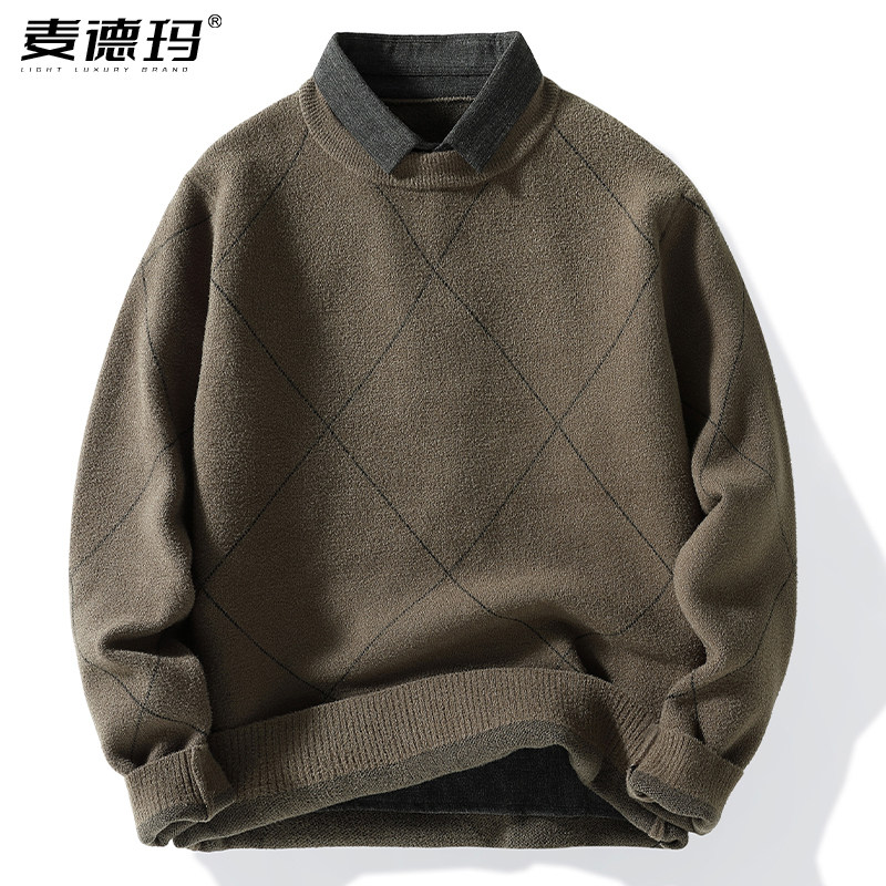 秋冬季雪尼尔男士衬衫领加厚毛衣