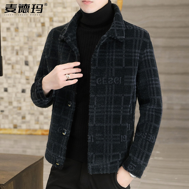 男士外套短款2025新款毛呢秋冬男装金貂绒夹克加厚款冬装呢子中年