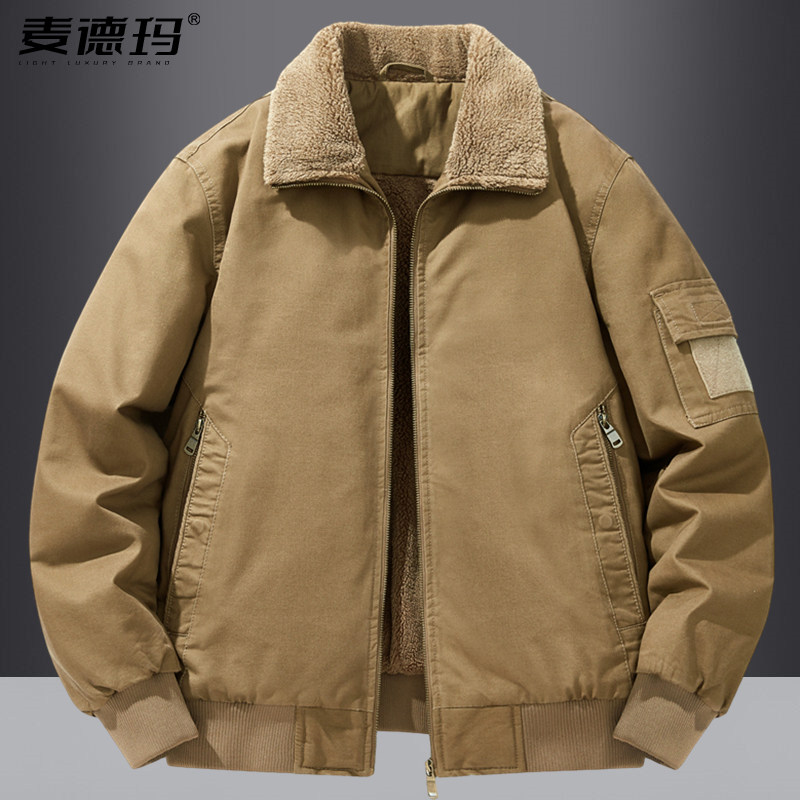 高档空军飞行员夹克男冬季加绒加厚纯棉宽松男士中年棉衣外套毛领