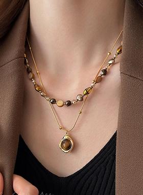 冬天配毛衣项链美拉德虎眼石串珠