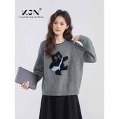 灰色圆领搭套头毛WIW衣女2025秋冬新款 针织小子短 卡通个小猫内衫